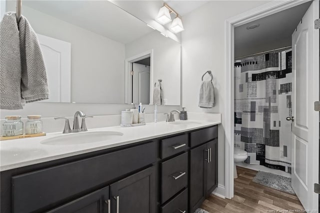 6752 Running Fox Rd, Hope Mills, NC 28348 - full bathroom featuring toilet, wood finished floors, double vanity, and a shower with shower curtain