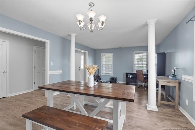 625 Fairfield Cir, Raeford, NC 28376 - dining area with decorative columns, an office area, light wood finished floors, and baseboards