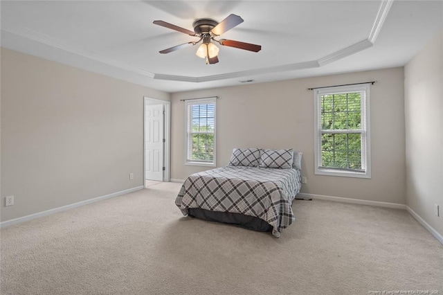 625 Fairfield Cir, Raeford, NC 28376 - bedroom with carpet floors, a raised ceiling, baseboards, and a ceiling fan