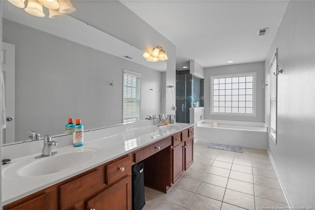 625 Fairfield Cir, Raeford, NC 28376 - bathroom with a bath, tile patterned flooring, double vanity, and a shower