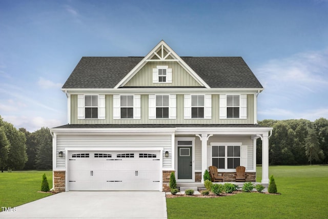 59 Lismore St, Sanford, NC 27330 - craftsman-style home with board and batten siding, covered porch, a front lawn, and driveway