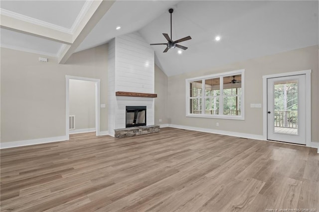 5400 Dowd Rd, West End, NC 27376 - unfurnished living room with a ceiling fan, light wood finished floors, high vaulted ceiling, baseboards, and a large fireplace