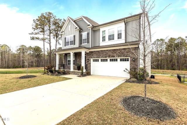 3020 Mavisbank Cir, Apex, NC 27502 - craftsman-style house with stone siding, a garage, driveway, a front yard, and a porch