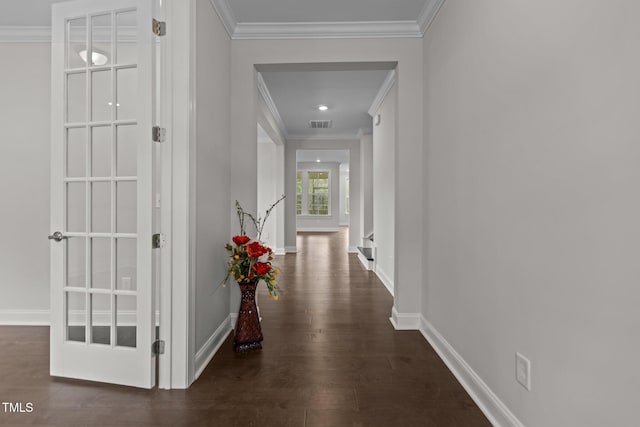 3020 Mavisbank Cir, Apex, NC 27502 - corridor with crown molding, dark wood finished floors, and baseboards