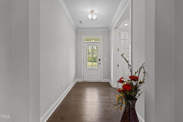 3020 Mavisbank Cir, Apex, NC 27502 - doorway featuring crown molding, baseboards, and dark wood-type flooring