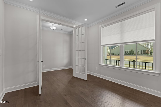 3020 Mavisbank Cir, Apex, NC 27502 - unfurnished bedroom with french doors, ornamental molding, wood finished floors, baseboards, and recessed lighting