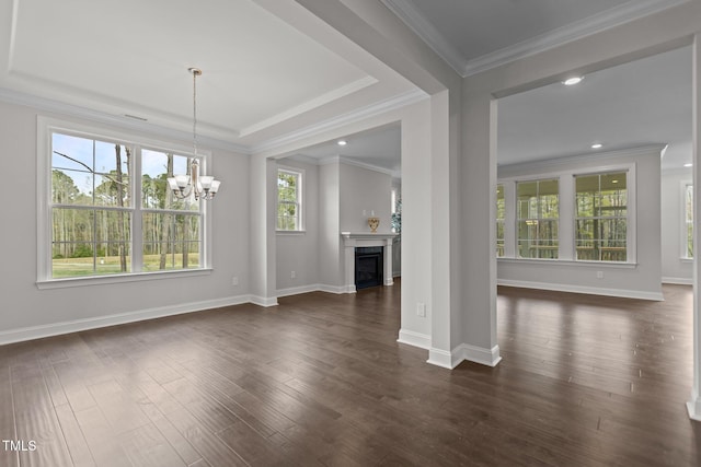 3020 Mavisbank Cir, Apex, NC 27502 - unfurnished living room with a chandelier, a fireplace, dark wood finished floors, baseboards, and recessed lighting
