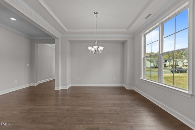 3020 Mavisbank Cir, Apex, NC 27502 - empty room featuring a chandelier, dark wood finished floors, baseboards, and crown molding