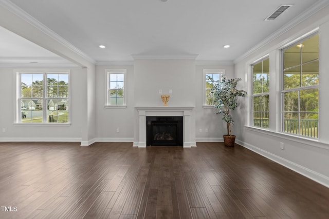 3020 Mavisbank Cir, Apex, NC 27502 - unfurnished living room with dark wood-style floors, a glass covered fireplace, baseboards, ornamental molding, and recessed lighting