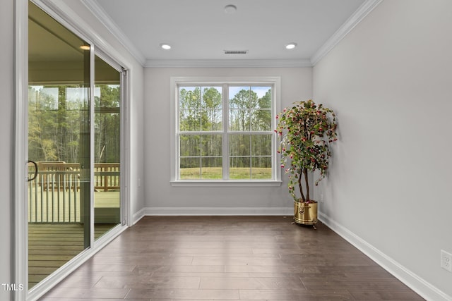 3020 Mavisbank Cir, Apex, NC 27502 - spare room featuring baseboards, dark wood-style floors, and crown molding