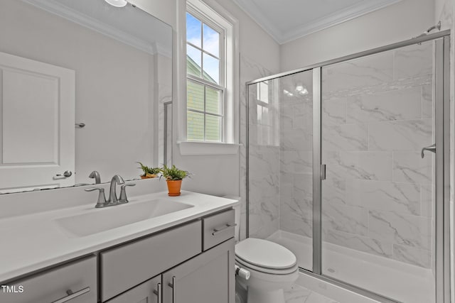 3020 Mavisbank Cir, Apex, NC 27502 - full bathroom with marble finish flooring, ornamental molding, vanity, a stall shower, and toilet