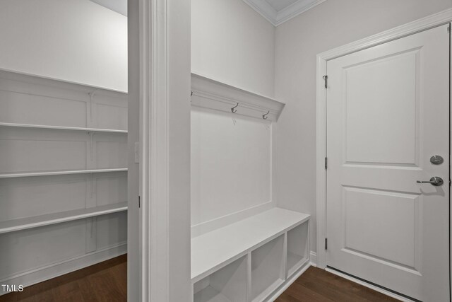 3020 Mavisbank Cir, Apex, NC 27502 - mudroom featuring ornamental molding and dark wood-style floors