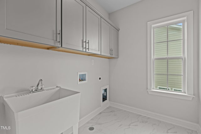 3020 Mavisbank Cir, Apex, NC 27502 - laundry area with cabinet space, electric dryer hookup, light marble finish flooring, baseboards, and hookup for a washing machine
