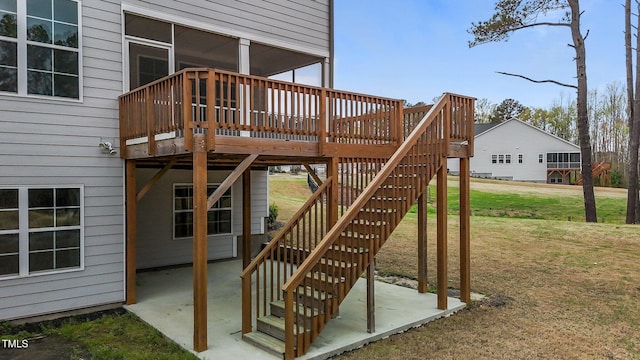 3020 Mavisbank Cir, Apex, NC 27502 - wooden terrace with a patio, a lawn, and stairs