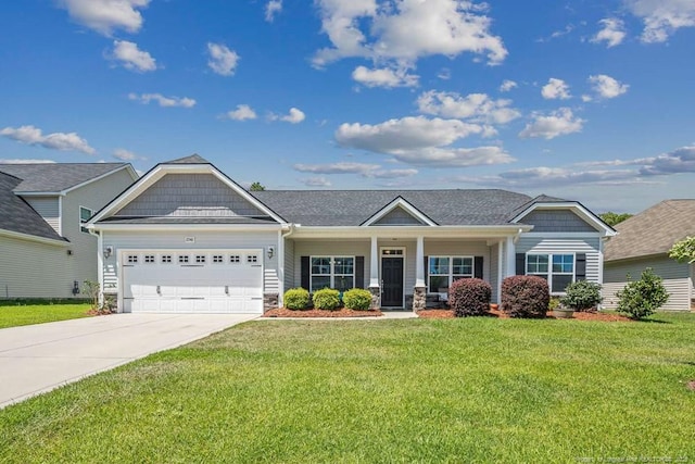 2240 Andalusian Dr, Hope Mills, NC 28348 - craftsman inspired home featuring an attached garage, a front lawn, concrete driveway, stone siding, and covered porch