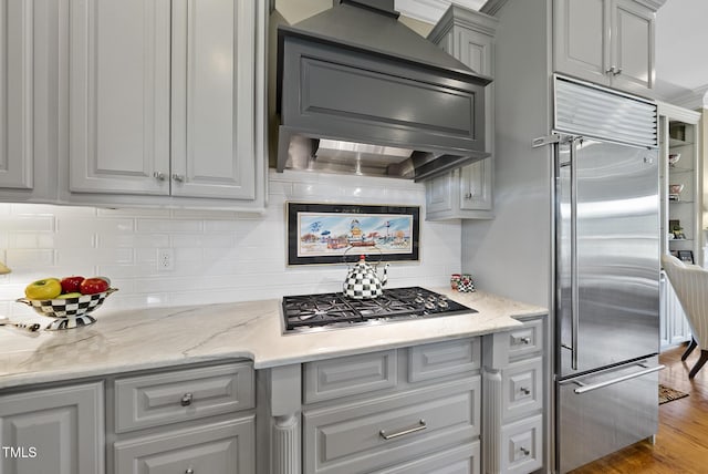 8042 N NC Highway 58, Castalia, NC 27816 - kitchen featuring stainless steel appliances, custom range hood, tasteful backsplash, and gray cabinets