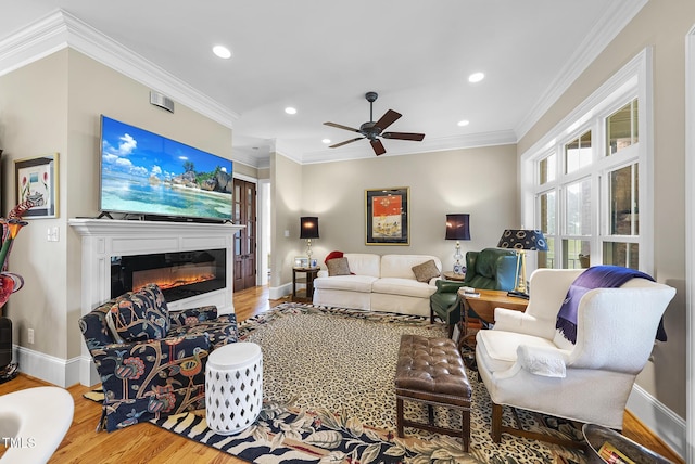 8042 N NC Highway 58, Castalia, NC 27816 - living area featuring wood finished floors, baseboards, a glass covered fireplace, recessed lighting, and ceiling fan