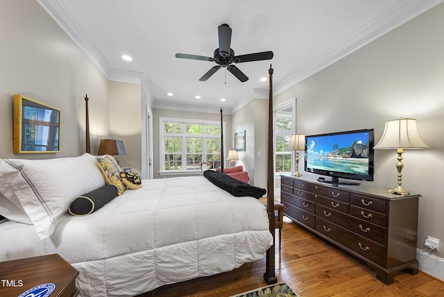 8042 N NC Highway 58, Castalia, NC 27816 - bedroom with light wood-style floors, recessed lighting, ornamental molding, ceiling fan, and baseboards
