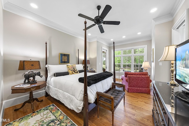 8042 N NC Highway 58, Castalia, NC 27816 - bedroom with wood finished floors, recessed lighting, access to outside, ornamental molding, and a ceiling fan