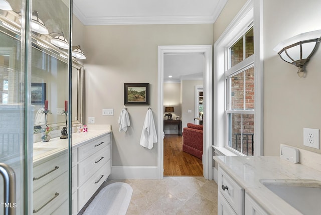 8042 N NC Highway 58, Castalia, NC 27816 - full bath featuring vanity, plenty of natural light, ornamental molding, baseboards, and tile patterned floors