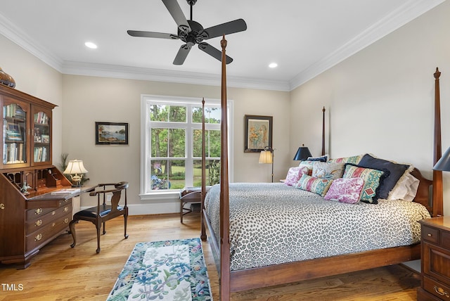 8042 N NC Highway 58, Castalia, NC 27816 - bedroom featuring light wood-style flooring, ornamental molding, recessed lighting, baseboards, and ceiling fan