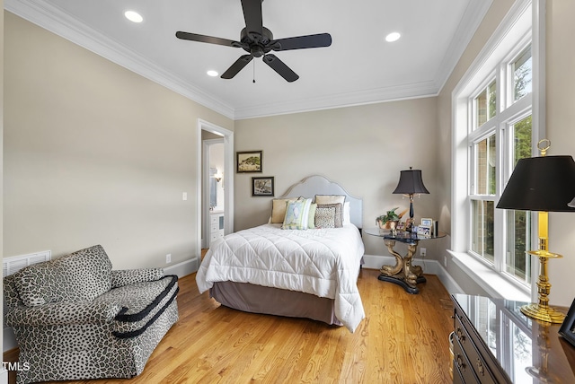 8042 N NC Highway 58, Castalia, NC 27816 - bedroom featuring light wood-style flooring, baseboards, recessed lighting, ornamental molding, and ceiling fan