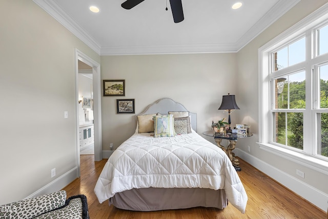 8042 N NC Highway 58, Castalia, NC 27816 - bedroom featuring baseboards, ornamental molding, wood finished floors, recessed lighting, and a ceiling fan