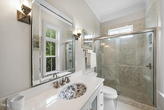 8042 N NC Highway 58, Castalia, NC 27816 - bathroom featuring toilet, plenty of natural light, vanity, a stall shower, and crown molding