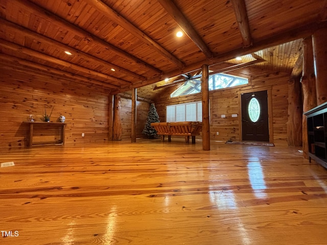 603 Hugo St, Durham, NC 27704 - unfurnished living room featuring wood ceiling, wood-type flooring, wood walls, and a ceiling fan
