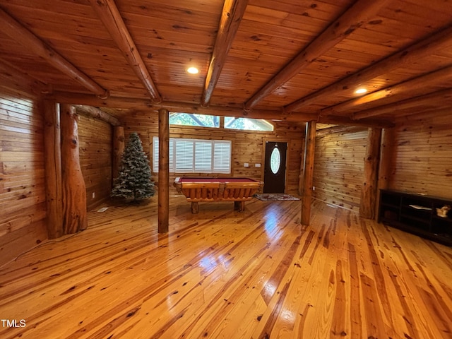 603 Hugo St, Durham, NC 27704 - entrance foyer featuring light wood-style floors, billiards, wood ceiling with exposed beams, and wood walls