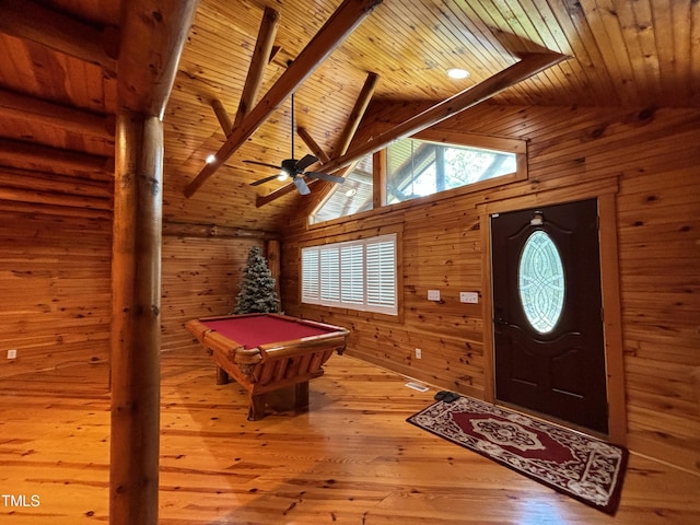 603 Hugo St, Durham, NC 27704 - entryway with wood ceiling with exposed beams, wooden walls, billiards, wood-type flooring, and a ceiling fan