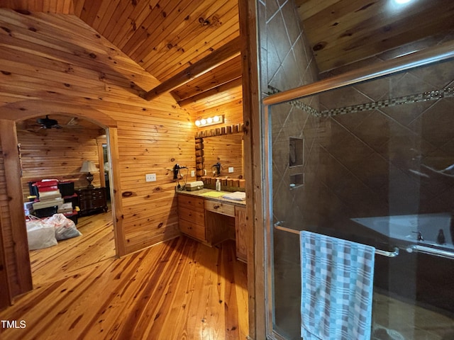 603 Hugo St, Durham, NC 27704 - full bathroom featuring wood ceiling, a stall shower, lofted ceiling, hardwood / wood-style flooring, and wooden walls