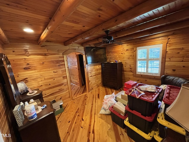603 Hugo St, Durham, NC 27704 - bedroom with wood ceiling with exposed beams, wooden walls, and hardwood / wood-style floors