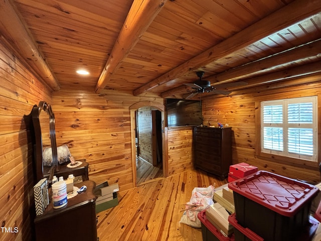 603 Hugo St, Durham, NC 27704 - bedroom with wooden ceiling with exposed beams, wooden walls, light wood finished floors, and arched walkways