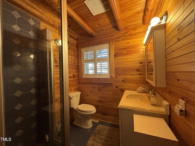 603 Hugo St, Durham, NC 27704 - full bath featuring toilet, vanity, wood walls, a stall shower, and wooden ceiling with exposed beams