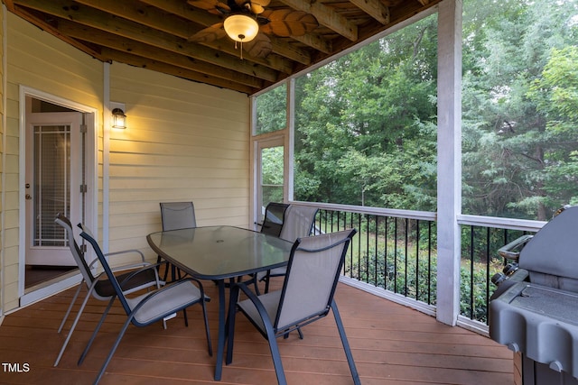 317 Springhurst Ln, Cary, NC 27511 - deck featuring outdoor dining space, a ceiling fan, and a grill