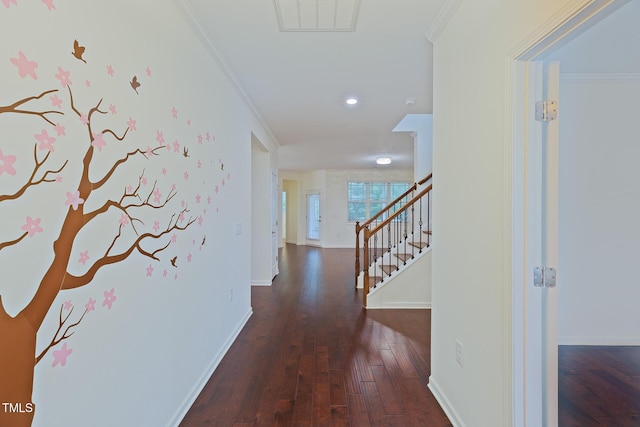 317 Springhurst Ln, Cary, NC 27511 - hallway featuring wood finished floors, baseboards, stairway, ornamental molding, and recessed lighting