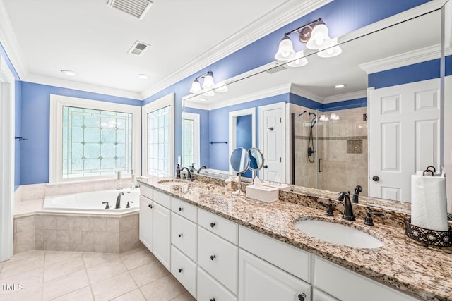1317 Woodgate Manor Ct, Raleigh, NC 27614 - full bath featuring a bath, a shower stall, double vanity, tile patterned floors, and crown molding