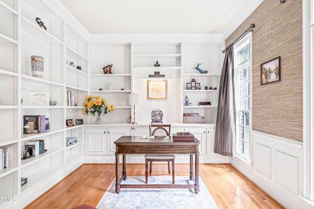 1317 Woodgate Manor Ct, Raleigh, NC 27614 - office featuring built in features, light wood-style floors, crown molding, and wainscoting