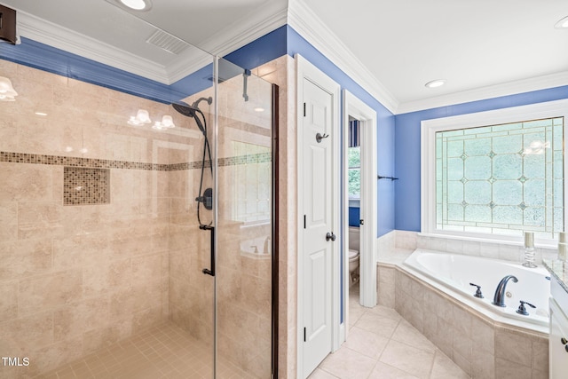 1317 Woodgate Manor Ct, Raleigh, NC 27614 - bathroom featuring a garden tub, a shower stall, crown molding, and tile patterned floors