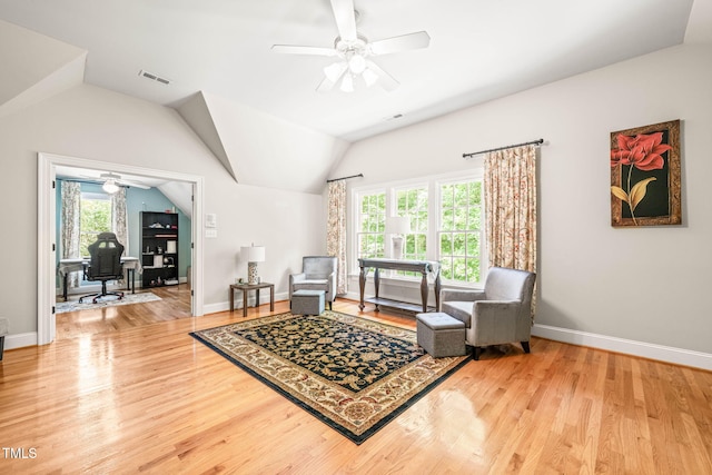 1317 Woodgate Manor Ct, Raleigh, NC 27614 - living area featuring a ceiling fan, a desk, wood finished floors, and lofted ceiling
