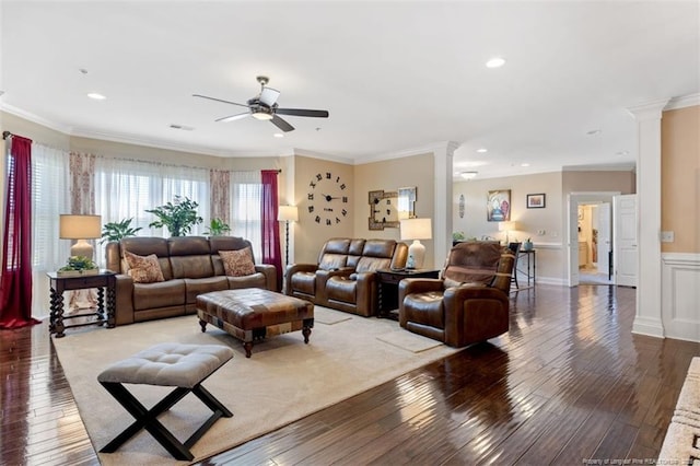 220 Hugh Shelton Loop, Fayetteville, NC 28303 - living room featuring a ceiling fan, crown molding, wood-type flooring, recessed lighting, and decorative columns