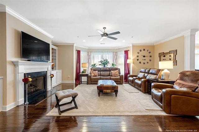 220 Hugh Shelton Loop, Fayetteville, NC 28303 - living area with ceiling fan, wood-type flooring, ornamental molding, a fireplace, and baseboards
