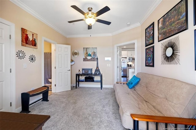 220 Hugh Shelton Loop, Fayetteville, NC 28303 - carpeted living area featuring a ceiling fan, ornamental molding, and baseboards