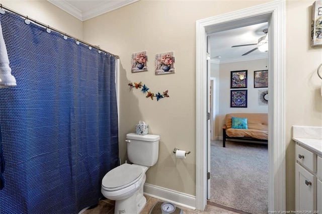 220 Hugh Shelton Loop, Fayetteville, NC 28303 - bathroom featuring crown molding, toilet, vanity, a ceiling fan, and baseboards