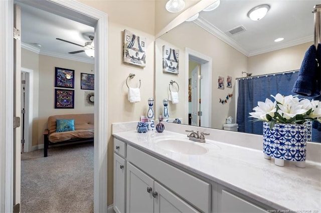 220 Hugh Shelton Loop, Fayetteville, NC 28303 - bathroom with ornamental molding, vanity, a ceiling fan, connected bathroom, and curtained shower