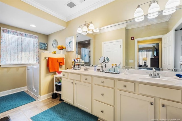 220 Hugh Shelton Loop, Fayetteville, NC 28303 - bathroom with crown molding, double vanity, baseboards, and tile patterned flooring
