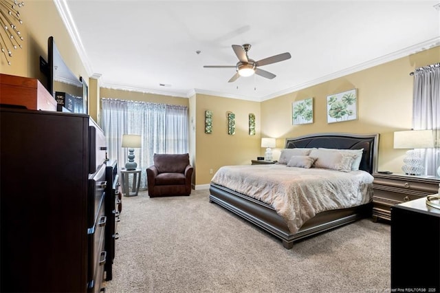 220 Hugh Shelton Loop, Fayetteville, NC 28303 - bedroom with light carpet, ornamental molding, ceiling fan, and baseboards