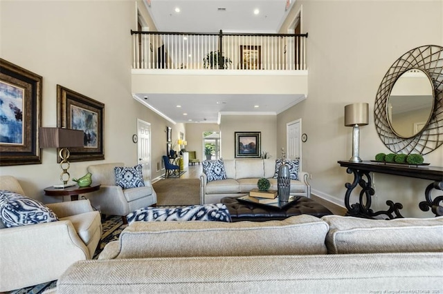 220 Hugh Shelton Loop, Fayetteville, NC 28303 - living area featuring a high ceiling, baseboards, crown molding, and recessed lighting