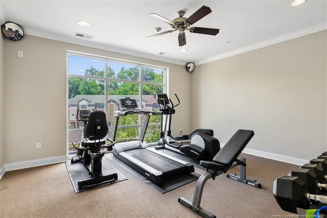 220 Hugh Shelton Loop, Fayetteville, NC 28303 - exercise area with a ceiling fan, baseboards, crown molding, recessed lighting, and carpet floors